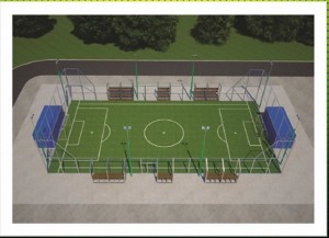 Arena Portátil Multiuso com gramado sintético é destinada ao futebol com possiblidade de desenvolvimento do Handebol, Voleibol, Badminton
