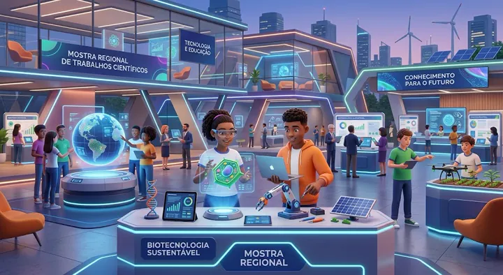 Ilustração da mostra regional de trabalhos científicos, com estudantes apresentando projetos em estandes