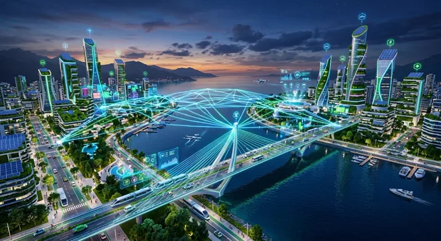 Ilustração de cidade inteligente conectada por uma rede de dados, representando a inovação intermunicipal