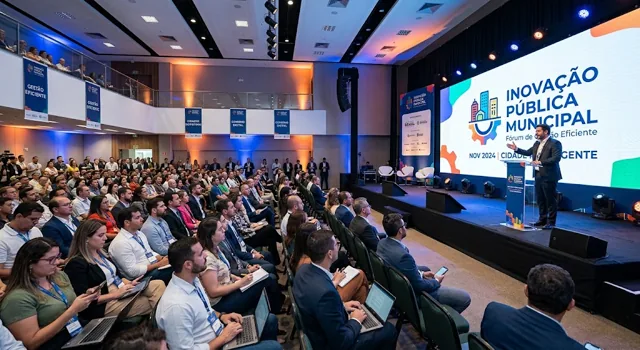 Auditório lotado durante palestra do fórum Inovação Pública Municipal, com o palestrante ao lado do telão
