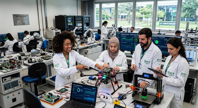 Pesquisadores de jaleco trabalhando com drone, impressora 3D e placas eletrônicas em laboratório de ICT
