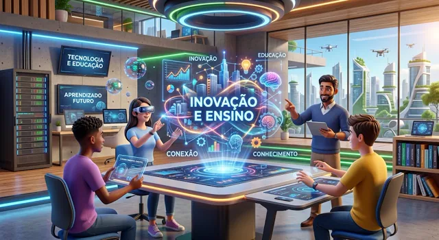 Ilustração de sala de aula do futuro, com estudantes usando mesa interativa e óculos de realidade virtual, sob o título Inovação e Ensino