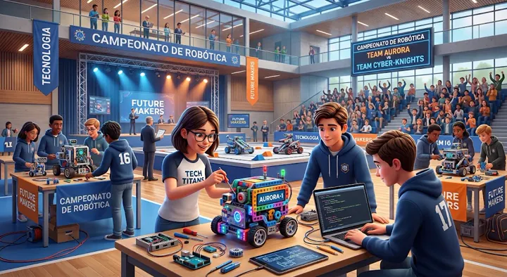 Ilustração do campeonato de robótica: estudantes montando e programando robôs em um ginásio com arquibancada cheia