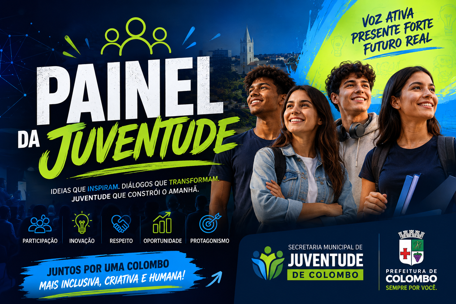 Logotipo da Prefeitura Municipal de Colombo com o nome Secretaria Municipal de Juventude